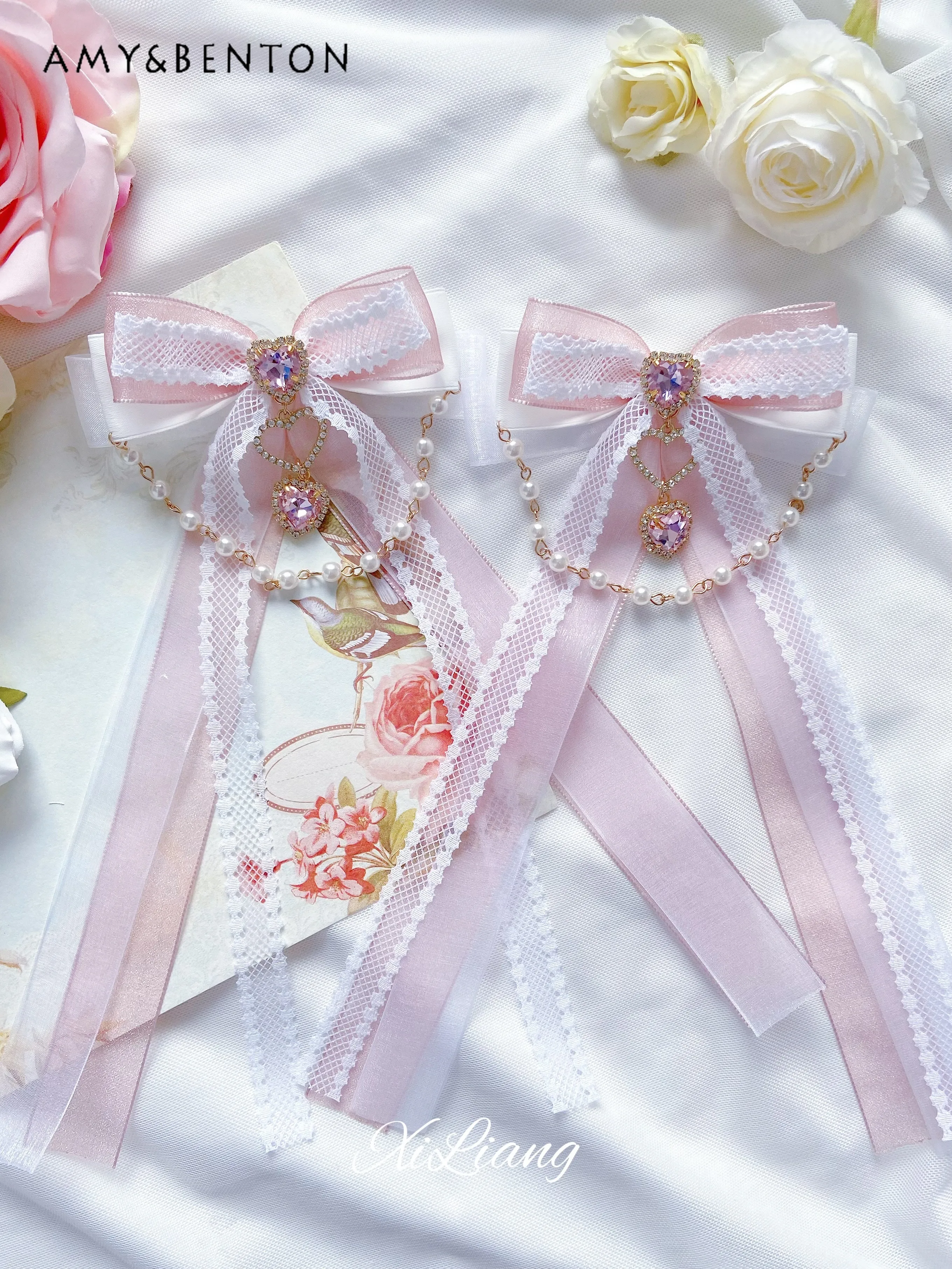 

Original Handmade Yarn Pearl Heart Rhinestone Barrettes Long Bow Tie Side Clip Girl Lolita Sweet Cute Pink Hair Clips Headdress