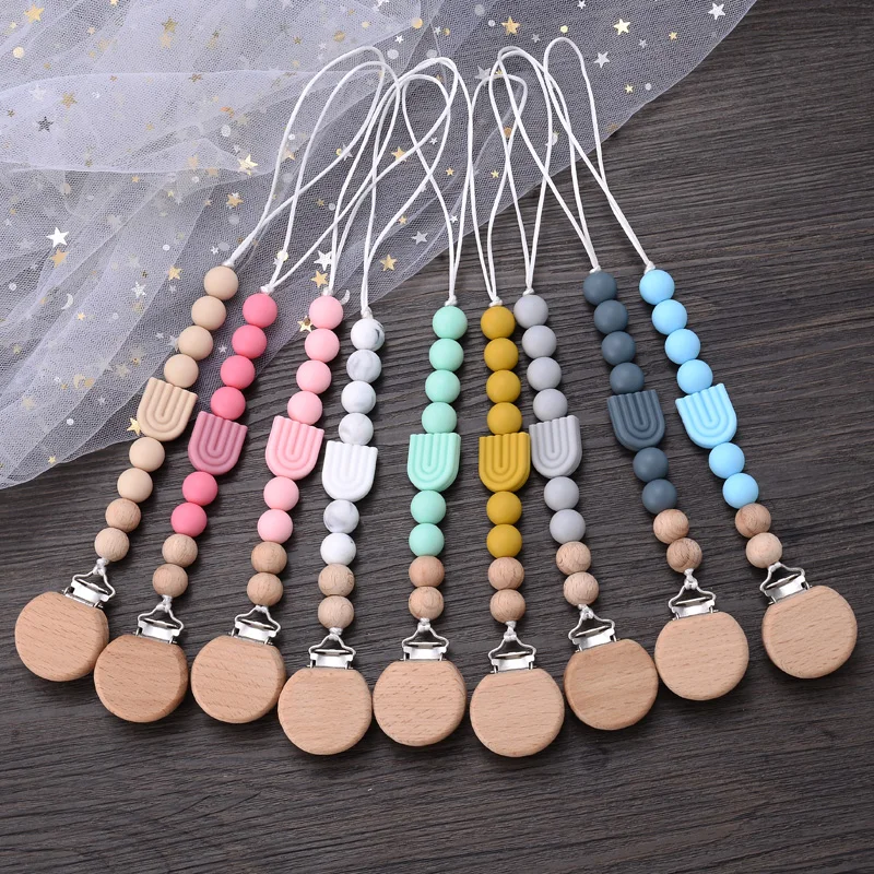 New Baby Pacifier Clips Round Beech Clips Silicone Rainbow Beads for Dummy Nipple Holder Soother Chain Teether Toy