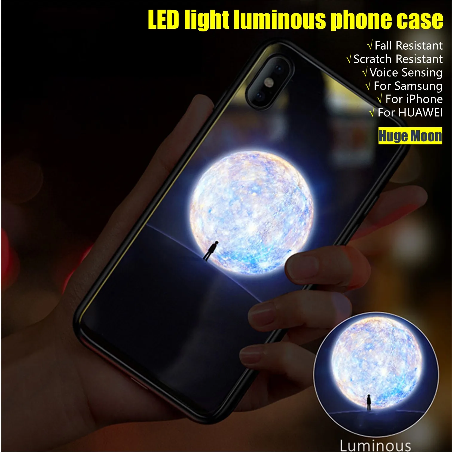 

Huge Moon Voice Sensing LED Luminous Phone Case for iPhone Samsung Huawei Fall and Scratch Resistant Accessories for Trendsetter