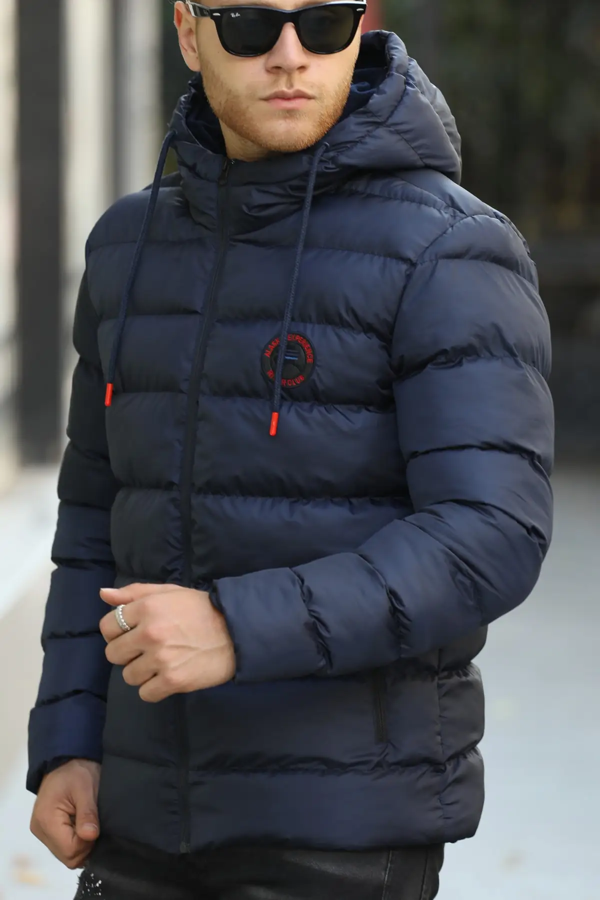 Men's Navy Blue Fleece Waterproof And Windproof Inflatable Winter Coat