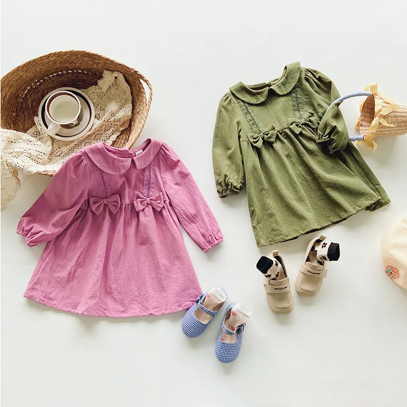 

Girls' Long Sleeve Dress Spring Fall Children's Lace Lace with Bow Doll Collar Girls' Dress Sweet Long Sleeve Princess Dress