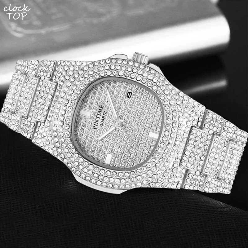 

Sliver Iced Out Bezel Quartz Watch Men Luxury Full Diamond Hip Hop Rhinestone Watches Man Wristwatch Male Gold Dial Stone Clock