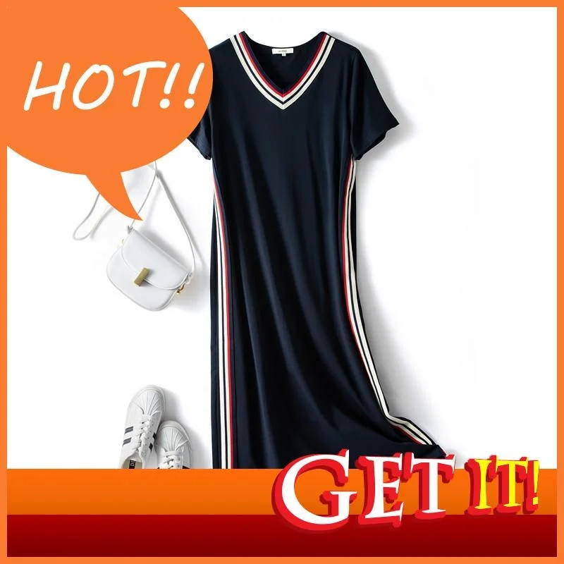 

women Dress for Sports Casual 2023 summer new fashion V Neck short sleeve Side Vertical Striped Woman dresses 3XL