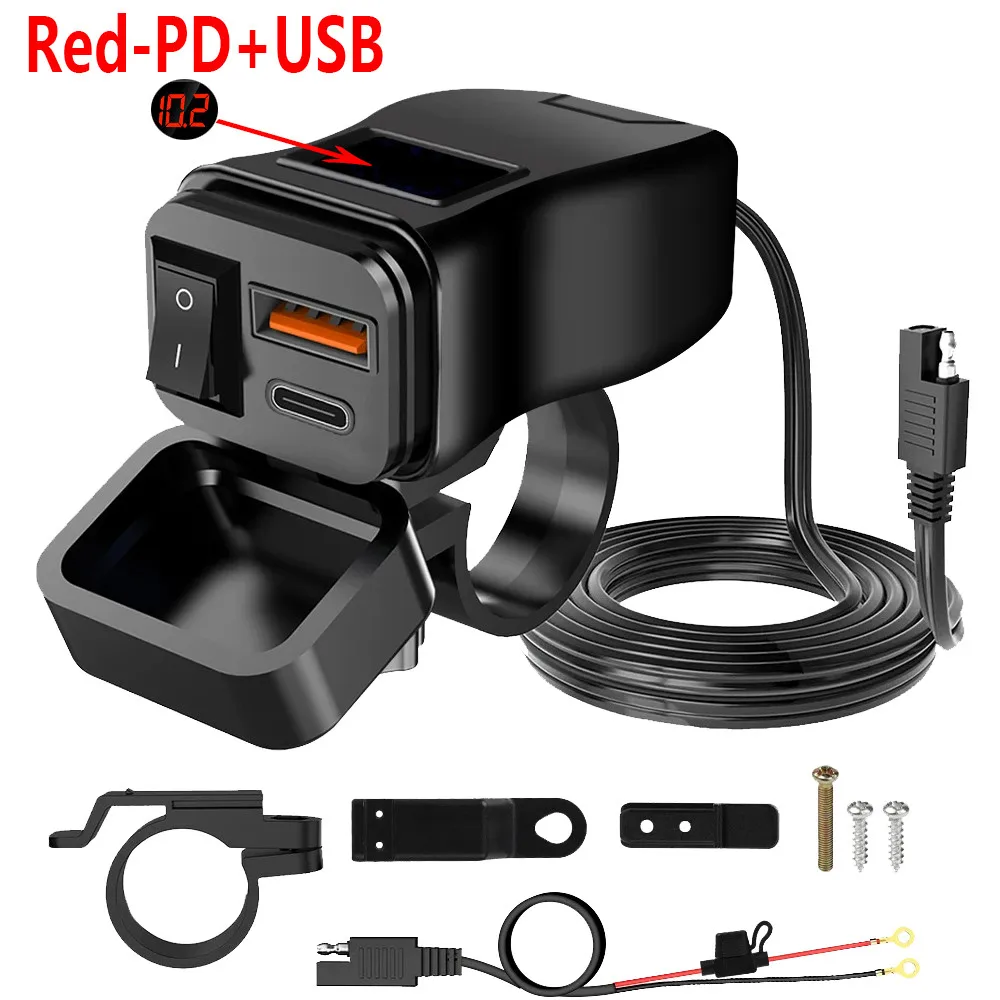Быстрое зарядное устройство PD + QC3.0 для мотоцикла, 60 Вт, двойной USB разъем на руль с переключателем, вольтметр, водонепроницаемый адаптер источника питания 12 В