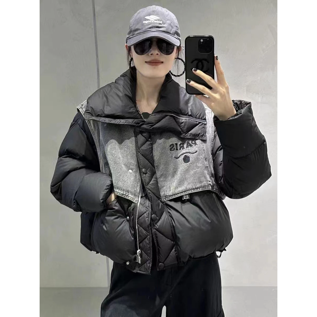 Европейские товары джинсовый пуховик из двух предметов с большими лацканами и