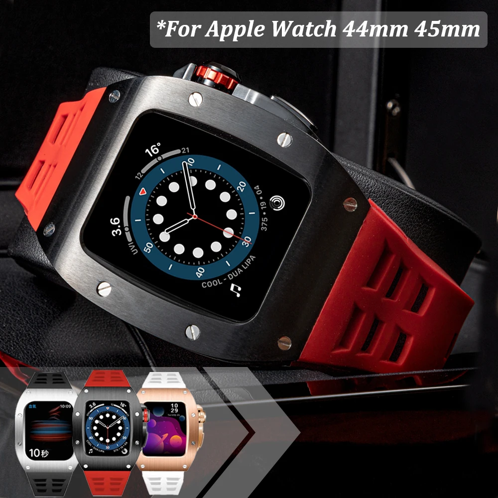 

Роскошный металлический чехол для Apple Watch 7 45 мм, силиконовый резиновый чехол для iWatch серии 6 54 se 44 мм, стальной Благородный комплект для модиф...