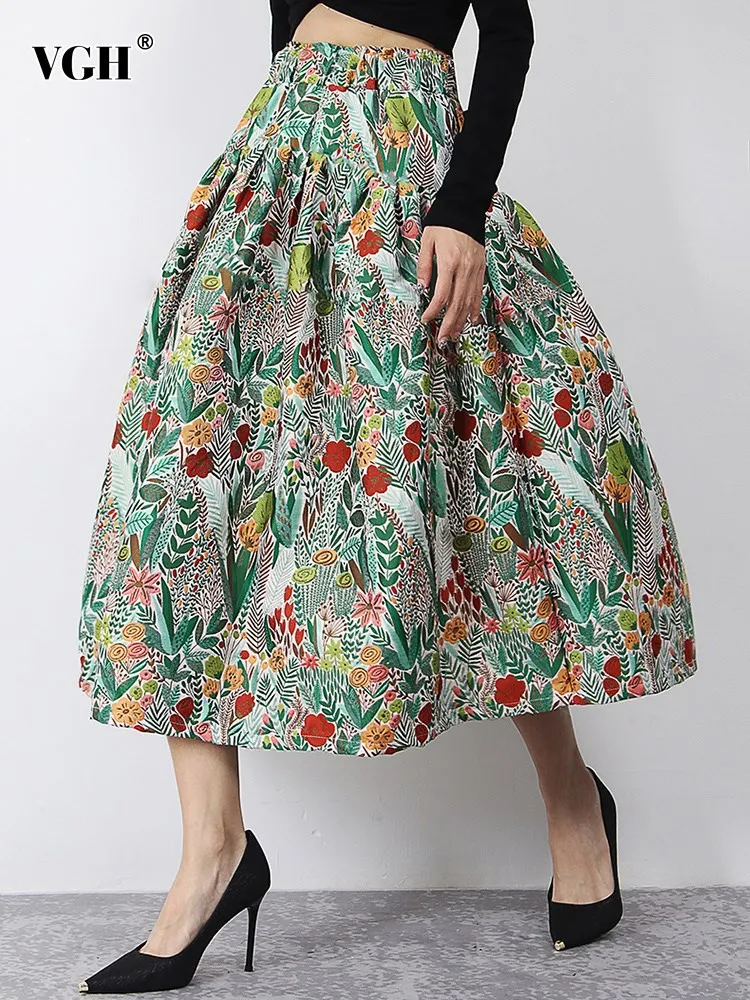 

VGH hit color print skirts for women high waist slim a line ruched tunic casual skirt female summer fashion clothing new 2023