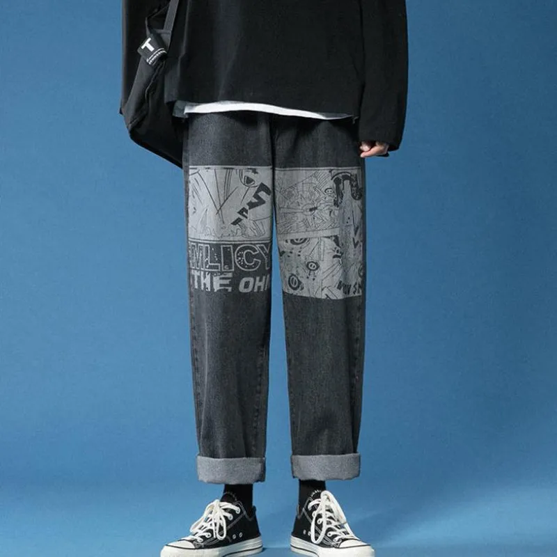

Emo Men Streetwear Korean Fashion Cyber Y2k Black Cartoon Pants Baggy Jeans Elastic High Waist Trousers Alt Fairy Grunge Clothes