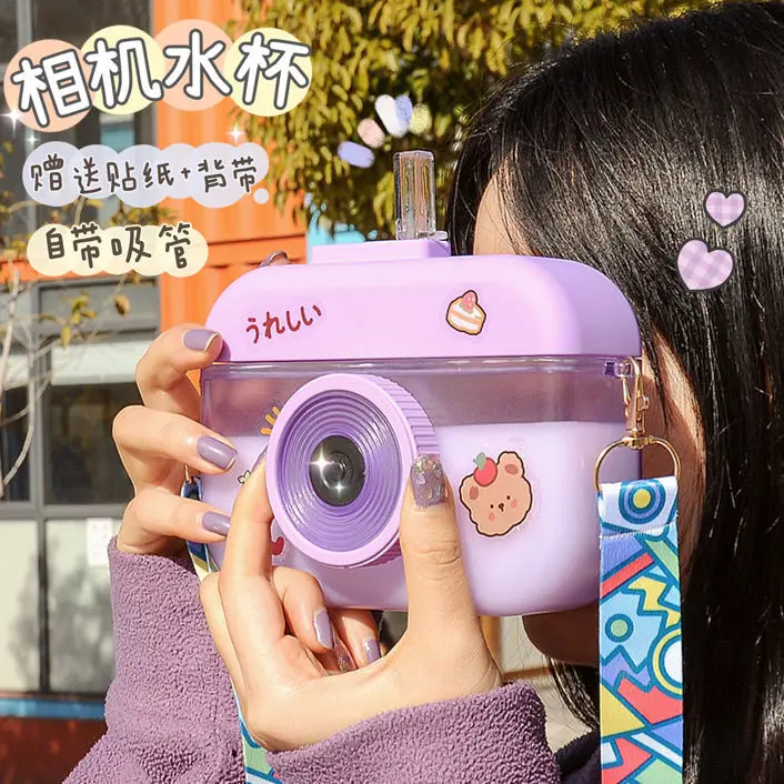 

New 400ml Water Cup Camera Water Cup for Kids School Plastic Water Bottle Kawaii with Straw Fashion Cute Plastic Water Bottle
