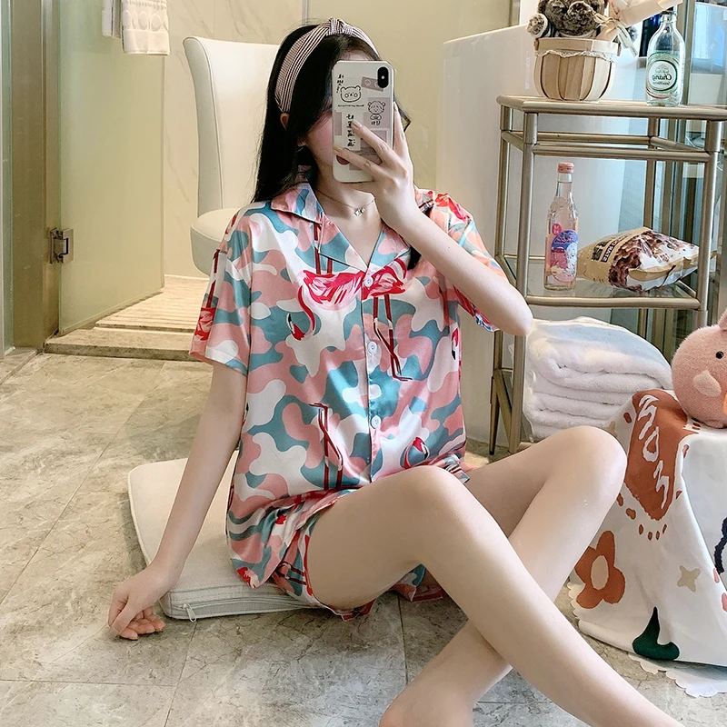 

Pink Satin Summer Home Suit Women Single Breasted Shirts + Shorts Suit Two Piece Pajamas Set Silk Cartoon Print Sleepwear