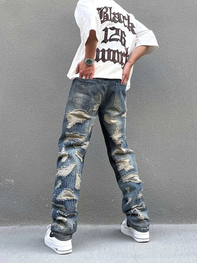 Destroy Ripped Scratched Patchwork Denim Jeans Mens Casual Straight Biker Zipper Trousers Streetwear Hip Hop Jean Pants Joggers