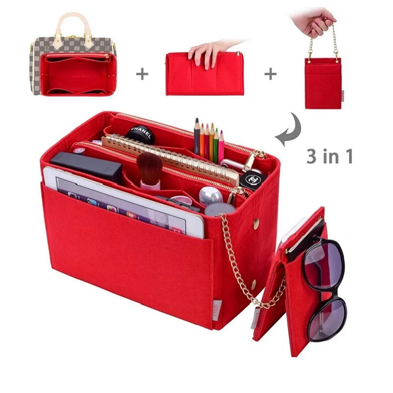 

Felt Cosmetic bag with wallet Insert Bag For Handbag Organizer (w/Detachable Zip Pocket) Make up Organizer Fit Neverfull Speedy