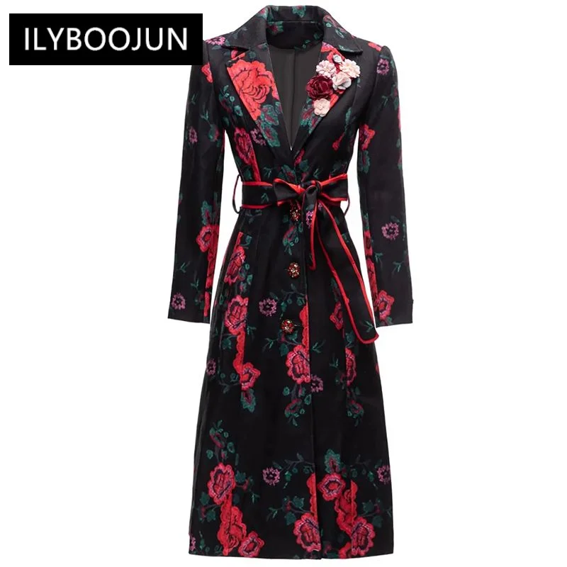 

Autumn Trench Coat Women Applique Turn-down Collar Long Sleeve Crystal Button Floral Print Outwear