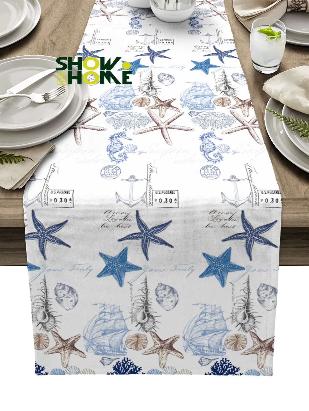 

Морская текстура, ракушки, морские звезды, морские коньки, Настольная дорожка, Рождественское украшение стола, скатерть, Свадебный декор, ск...