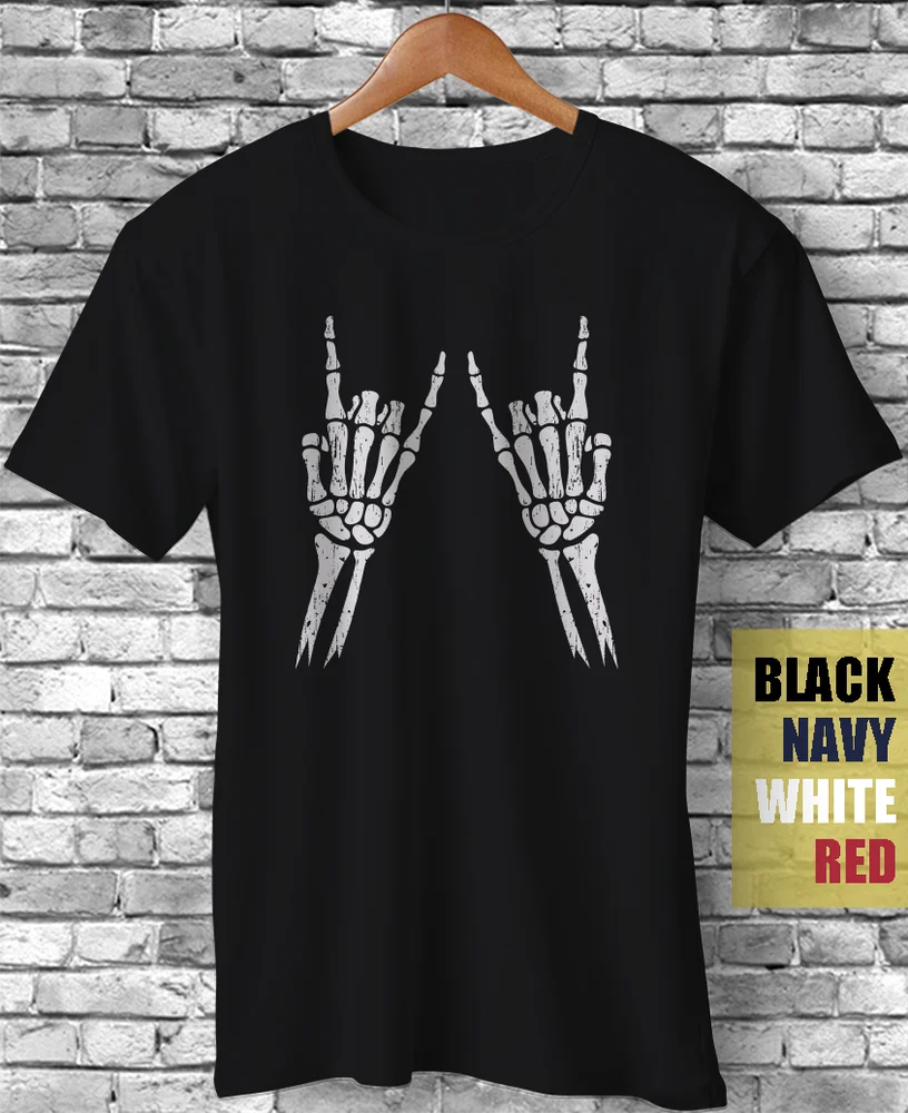 

Rock n Roll Sign Skeleton Finger Music Band Concert Metal Funny Gift T-Shirt