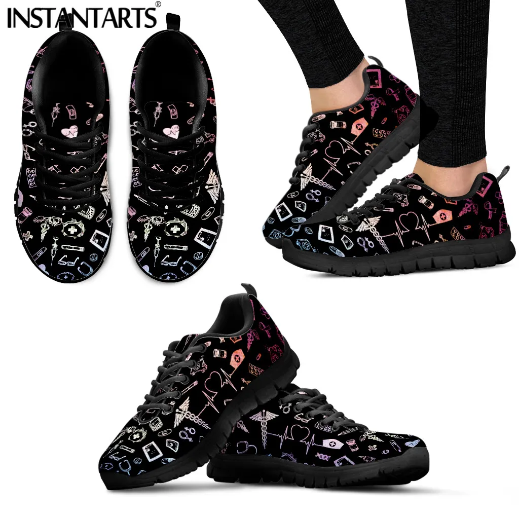 

Женские кроссовки на шнуровке INSTANTARTS, черные дышащие кроссовки на плоской подошве, с градиентом, для медсестер и врачей, для спорта, на весну/осень