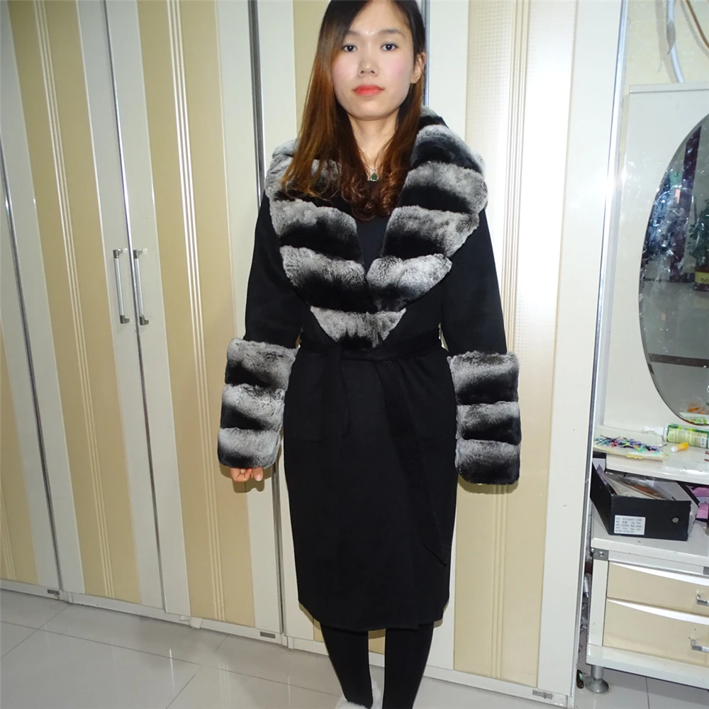 100% Wool Jacket Women Winter Real Fur Coat Lexus Rex Rabbit Fur Collar Long Black Coat Fashion Warm Lady Streetwear