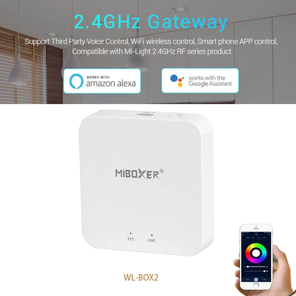 Фото Miboxer WL-IBox2 поддерживает третье наименование, Голосовое управление, беспроводное управление Wi-Fi, подходит для всех 2,4 ГГц светодиодных ламп се... №2