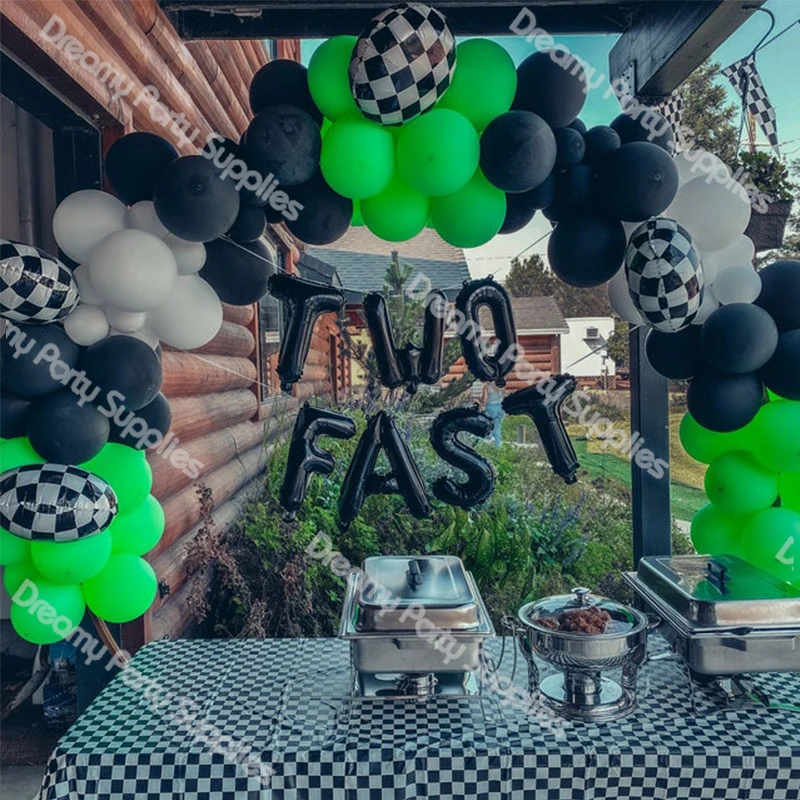 

90 шт. гоночные тематические воздушные шары, гирлянда, цвет матовый, зеленый, черный, белый, в клетку, две быстросъемные воздушные шары из фоль...