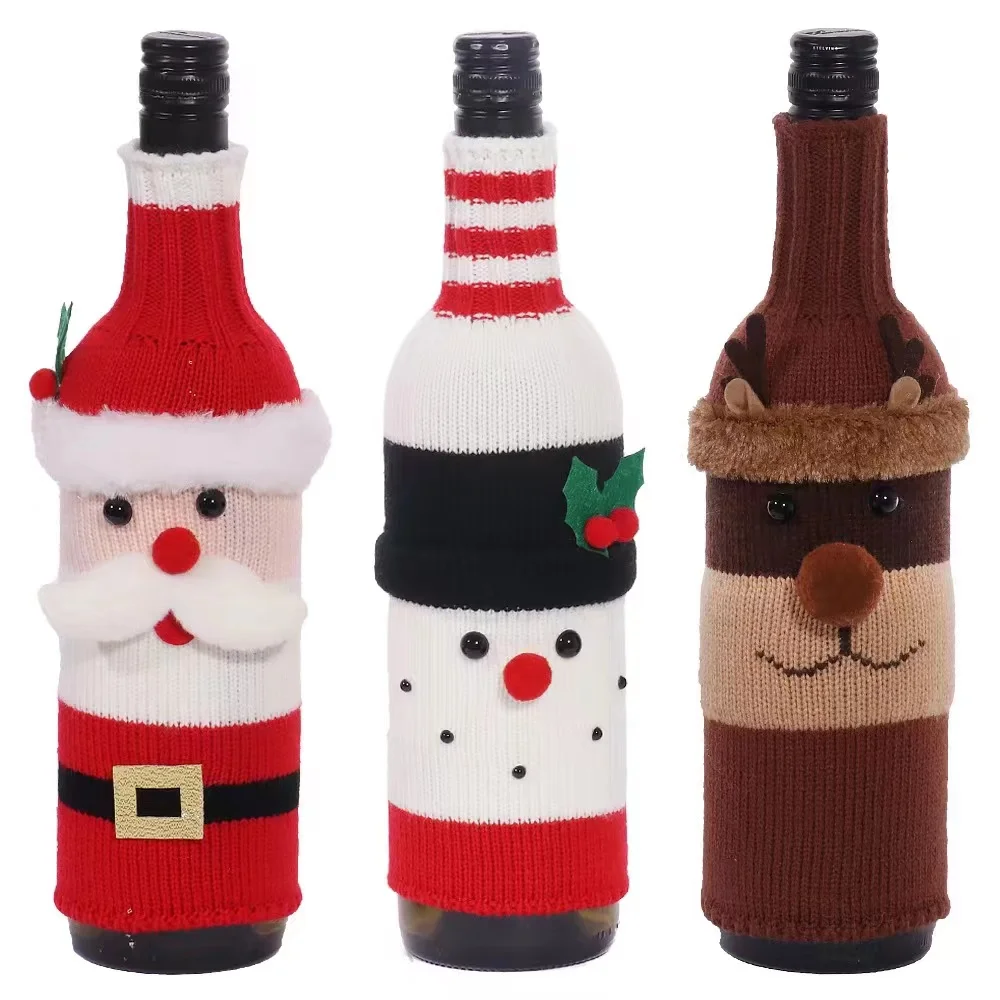 

Набор из 3 чехлов для винных бутылок на Рождество для дома, Санта-Клаус, снеговик, лось, кукла, вязаный набор для вина, украшения для стола
