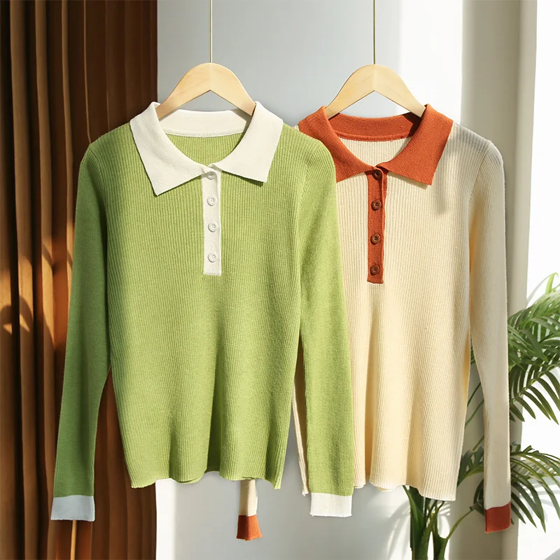 

Superfine Wool Sweater Women's Knitted Sweaters POLO Collar Long-Sleeve Pullover 2023 Spring Summer Thin Jumper Top Softness