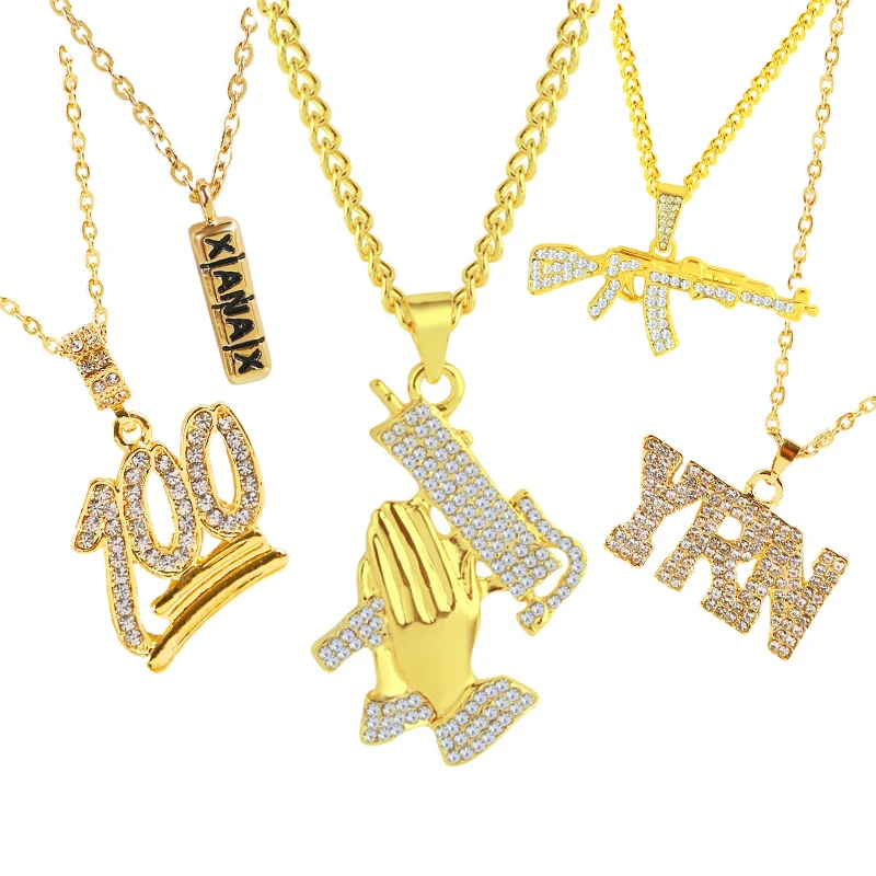 

Crystal Filled Hand Holding Gun Lion Hip Hop Pendant Necklace YRN Maple Leaves Iced Out Necklace for Men Women Party Jewelry