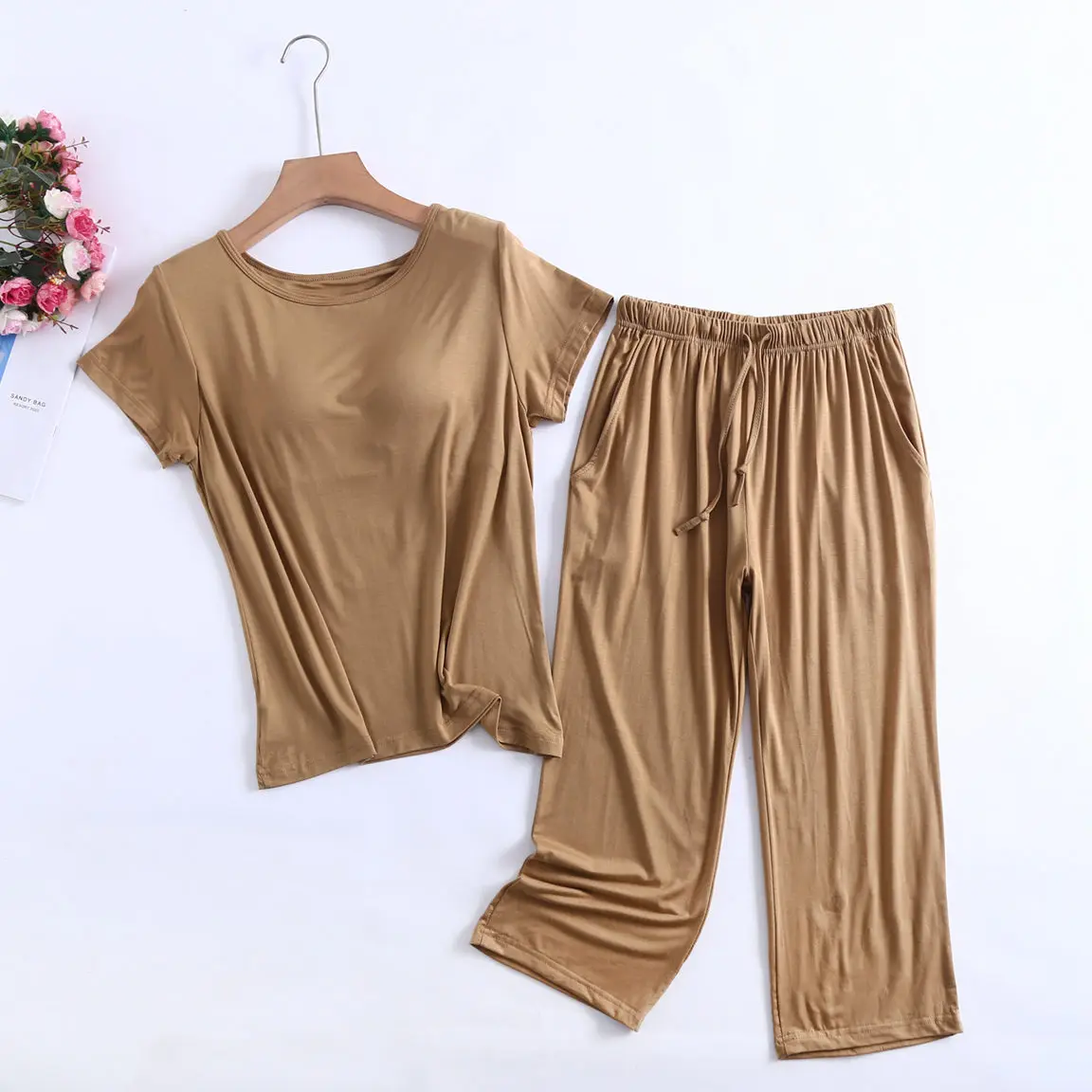 

Пижамный комплект для сна Однотонная ночная рубашка с круглым вырезом домашняя одежда из модала повседневная одежда для отдыха