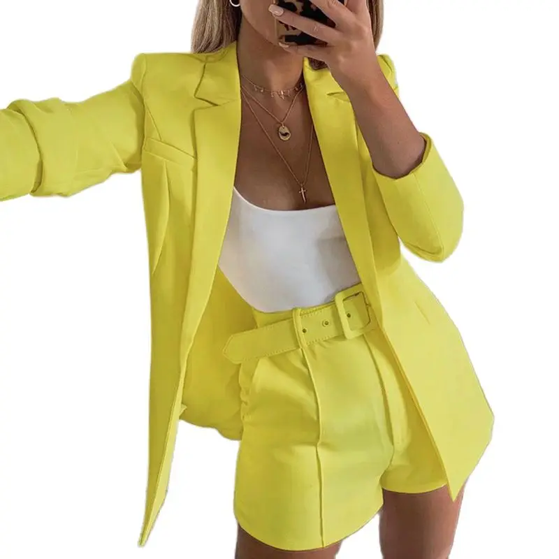 

3-Piece Jacket Shorts Belt 2022 New Woman Blazers Casual Long Sleeve Oversize Fall For Women Pink White