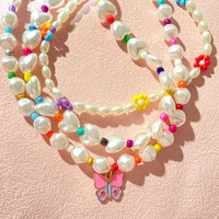 flatfoosie cute butterfly charms pearl beaded choker necklace for women girl colorful flower heart beads clavicle chain jewelry