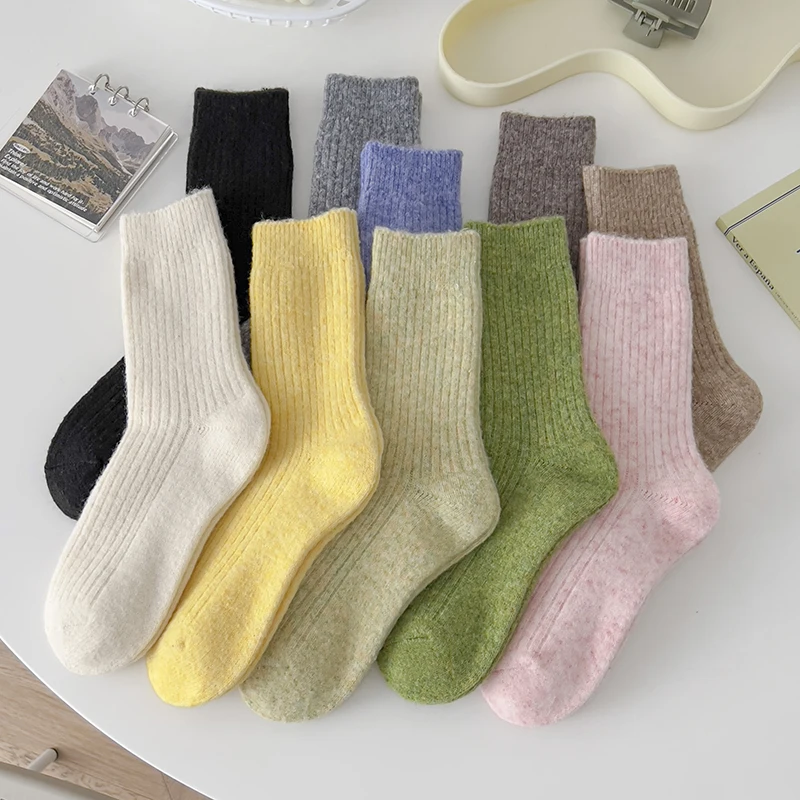 

1 Pairs Thicken Warm Double Needle Wool Sock Women Classic Solid Rib Sock High Quality Loose Crew Fashion Japanese Korea Sock
