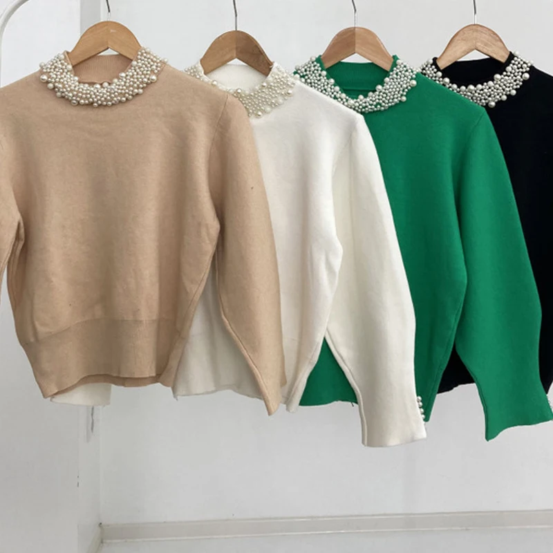 Корейские Элегантные вязаные пуловеры свитер вязаная одежда с бусинами и ложным