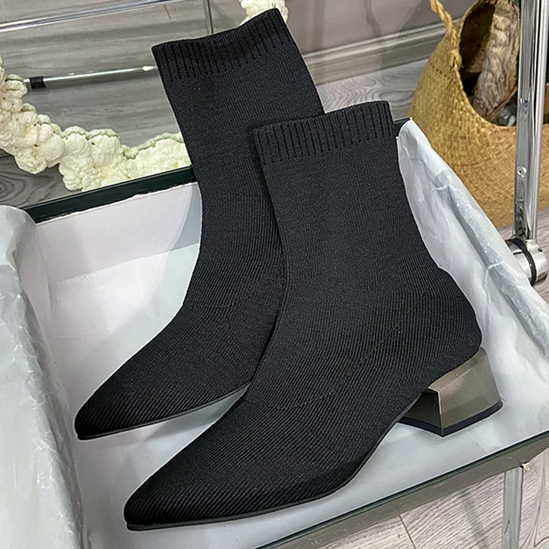 

New Brand Women Knitting Mid Heels Sock Boots 2022 Winter Shoes Chunky Chelsea Ankle Boots Sexy Pointed Toe Pumps Fad Snow Botas