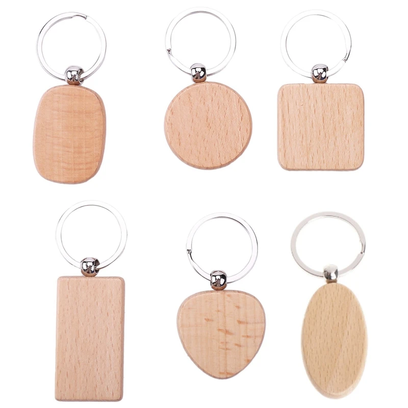 

50Pcs DIY Blank Wooden Key Chain Rectangle Heart Round Ellipse Carving Key Ring Wood Key Chain Ring