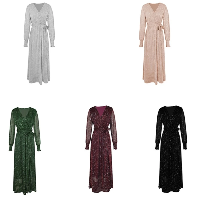 

Женское вечернее платье макси с запахом, V-образным вырезом и длинным рукавом