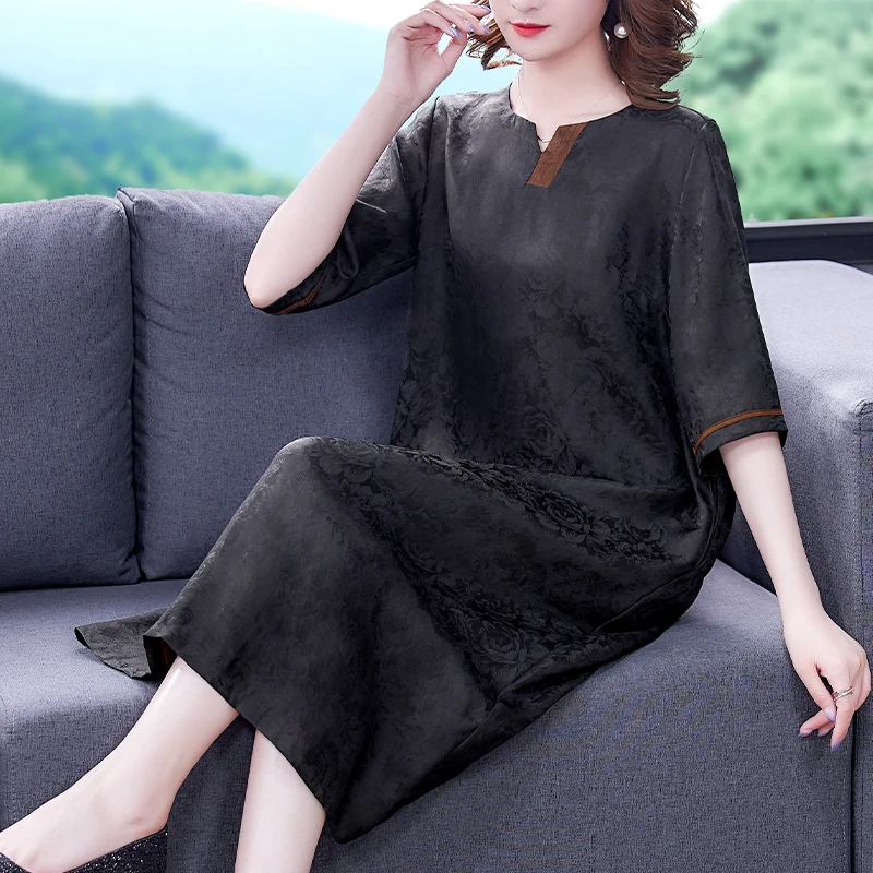 

Spring Summer Black Natural Silk Jacquard Midi Dress Women Vintage Hepburn Dress 2022 Korean Elegant Bodycon Loose Waist Dress