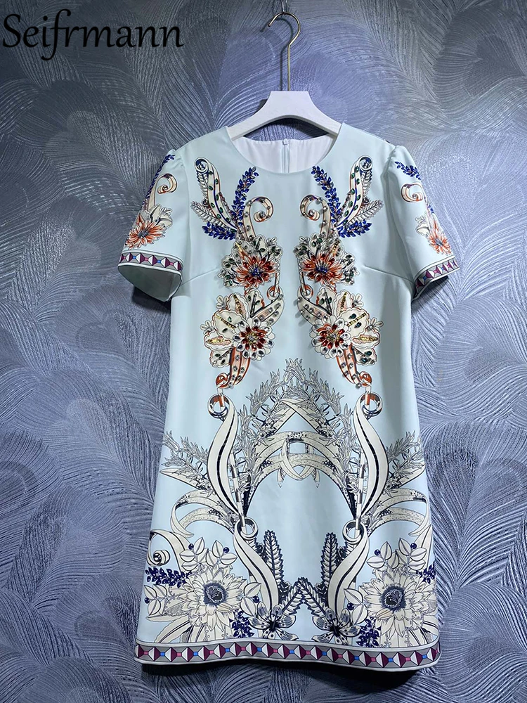 

Seifrmann High Quality 2023 Summer Women Fashion Runway Midi Dress Short Sleeve Gorgeous Crystal Beading Vintage Print Dresses