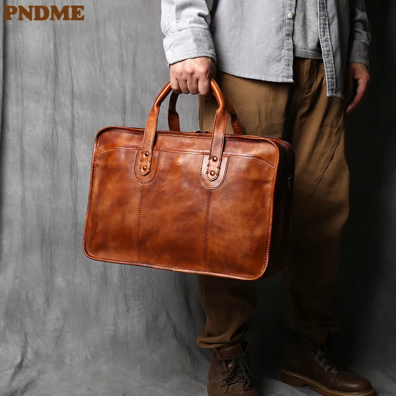 PNDME vintage fashion designer top layer cowhide Man 15 inch briefcase Outdoor work Office laptop lawyer genuine leather handbag