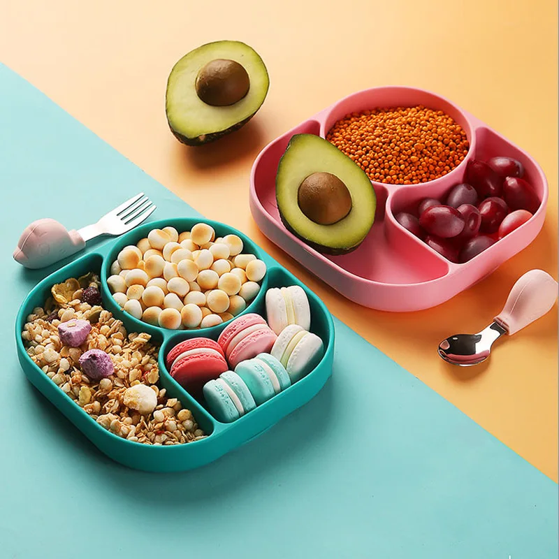 

Children's Silicone Dinner Plate Suction Cup Type Grid Tableware Set Baby Bowl Baby Food Supplement Cartoon Bowl Spoon Fork