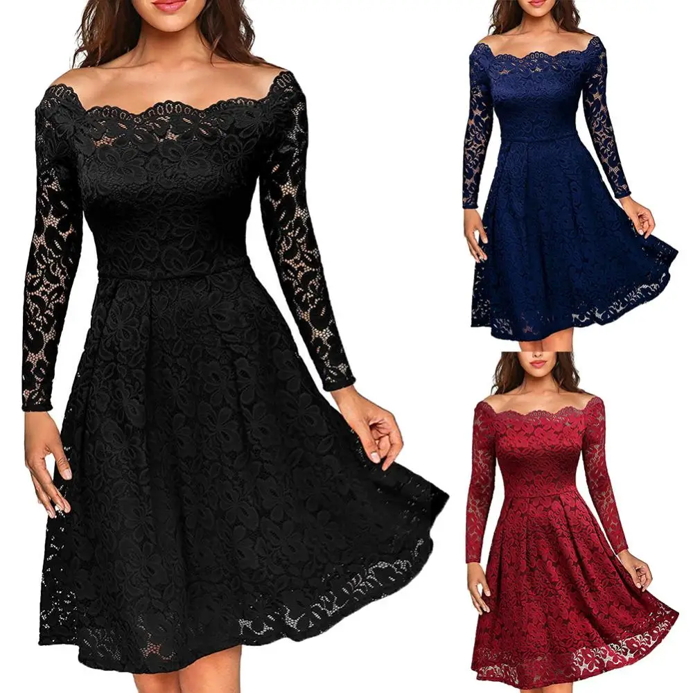 

Women Sexy Hollow Out Lace Off Shoulder Long Sleeve Tight Waist Party Midi Dress Lace Off Shoulder Tight Waist Party Midi Dress