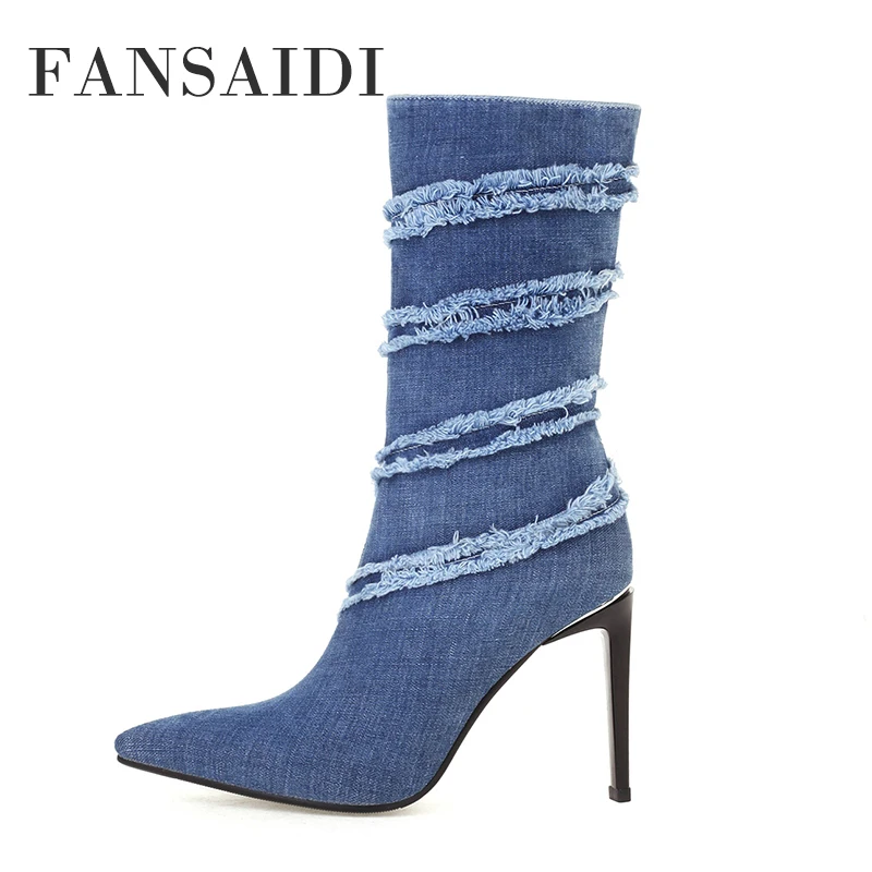 

FANSAIDI Sexy Concise Ankle Boots Fashion Stilettos Heels Blue Jeans Boots Winter Pointed Toe New Zipper 40 41 42 43 44 45
