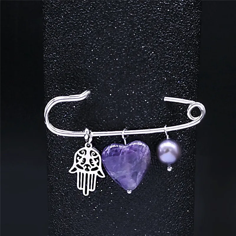 

Hamsa Hand Stainless Steel Freshwater Pearls Purple Natural Crystal Brooches Women/Men Silver Color Jewelry broche XXS07