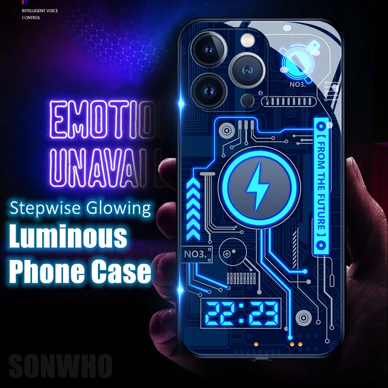4th Version Hidden LED Light Stepwise Glowing Luminous Phone Case for iPhone 11 12 13 14 Pro Plus Max Hightech Protector Cover