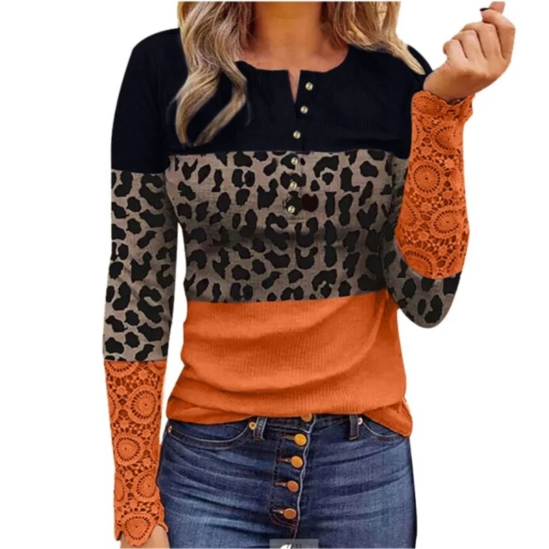 

Women Fall T-Shirts Lace Trim Long Sleeve Rib Top Colorblock Casual Slim Blouse P8DB