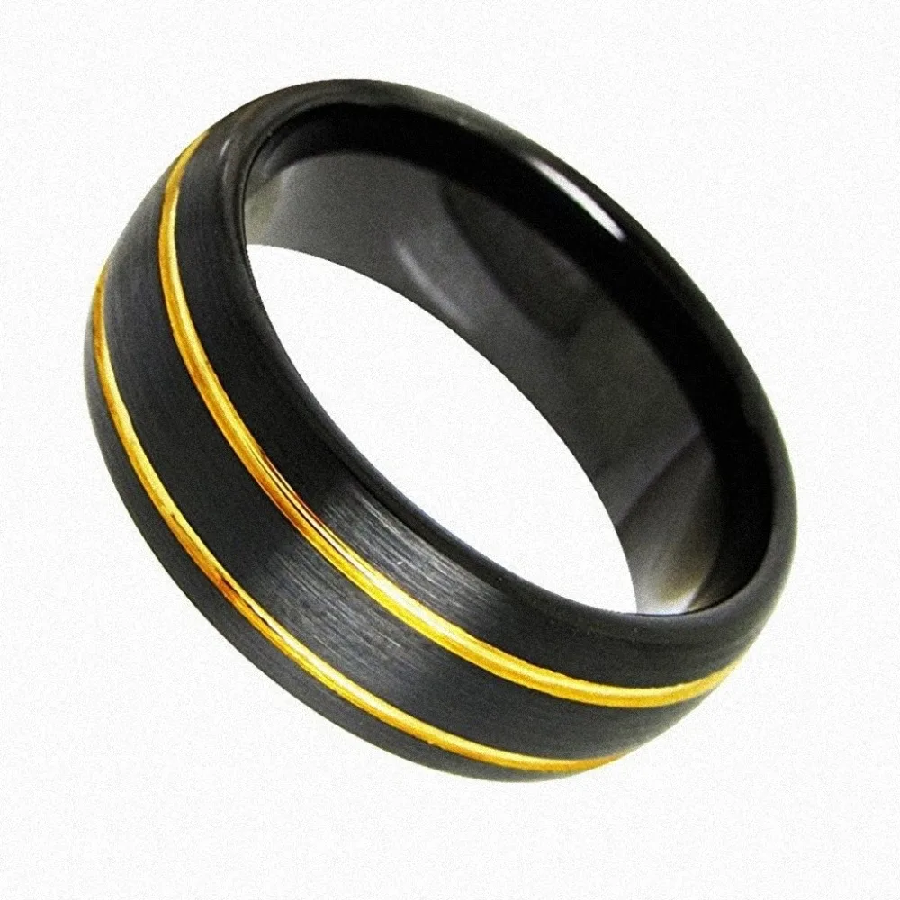 

8 мм матовое купольное черное вольфрамовое кольцо, свадебные браслеты с золотой инкрустацией, мужские и женские ювелирные изделия, кольцо с ...