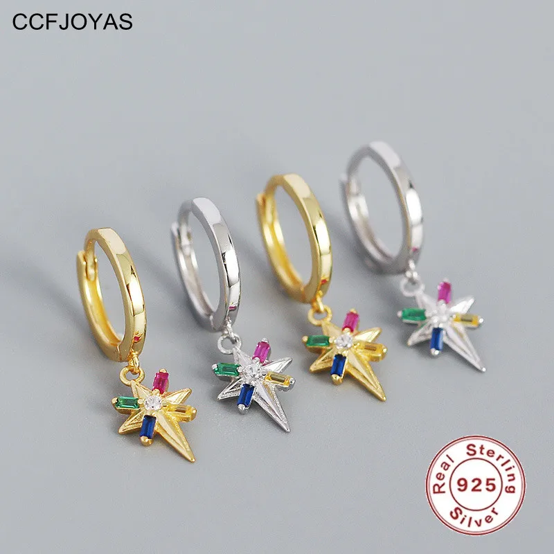 

CCFJOYAS 100% Real 925 Sterling Silver eight-pointed star Hoop Earrings for Women Minimalist INS Gold Silver color Fine Jewelry