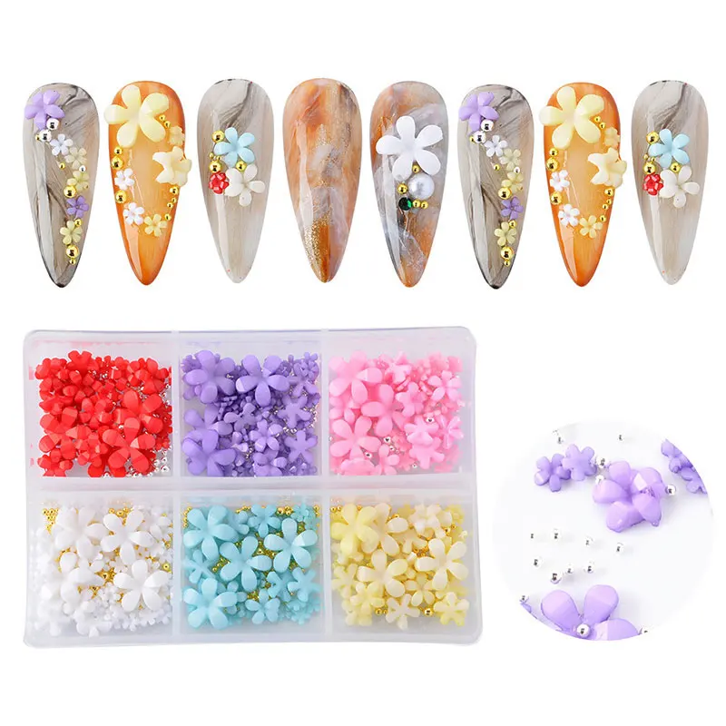 

6 Grids 3D Acrylic Flower Nail Art Decoration Mixed Steel Beads Five-petal Florets Professional DIY Manicure Accessories