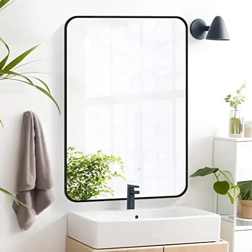 

Bathroom Mirror, Mounted Vanity Mirror 20" X 28" Rectangle Rounded Corner Farmhouse Decor Metal Framed Bath Mirror for