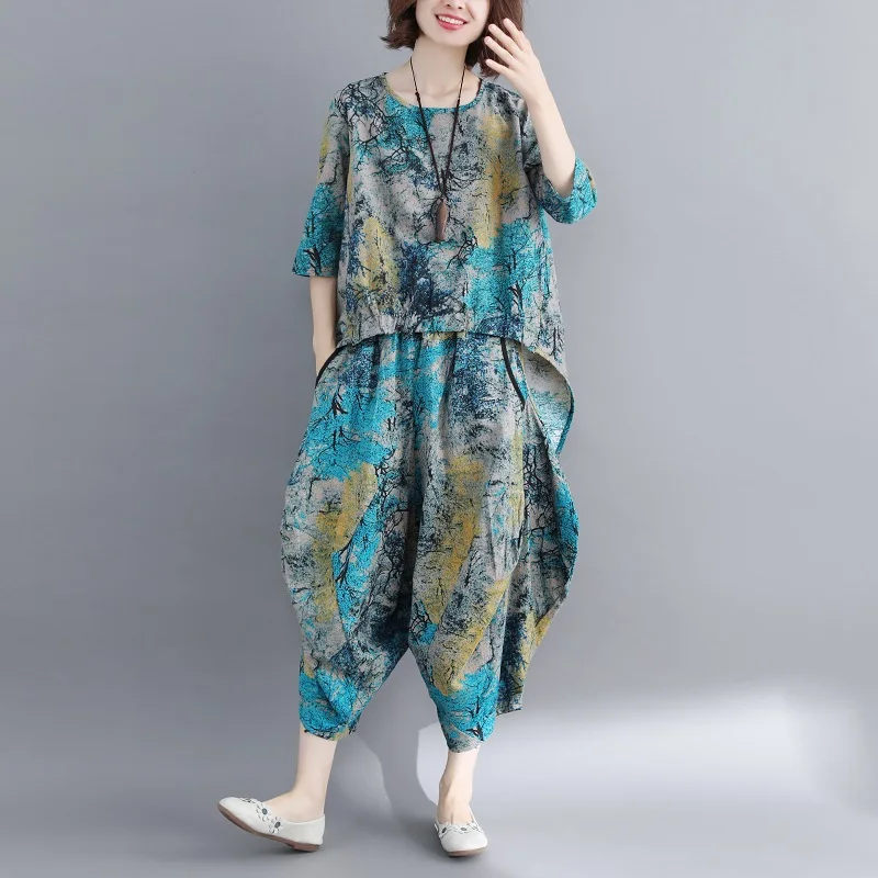 

Oversized Vintage Women Suits 2022 Summer New Ruffles Floral Loose T-shirts and Harem Ankle Length Pants Female Pant Sets