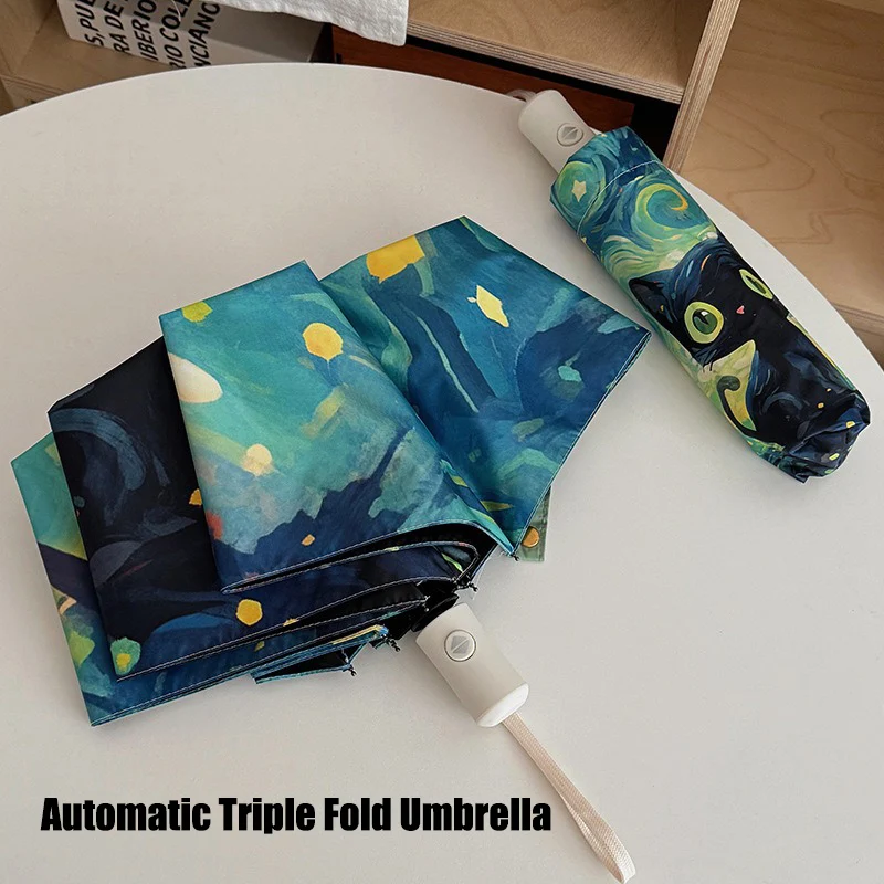 

Зелёный складной зонт с рисунком кота