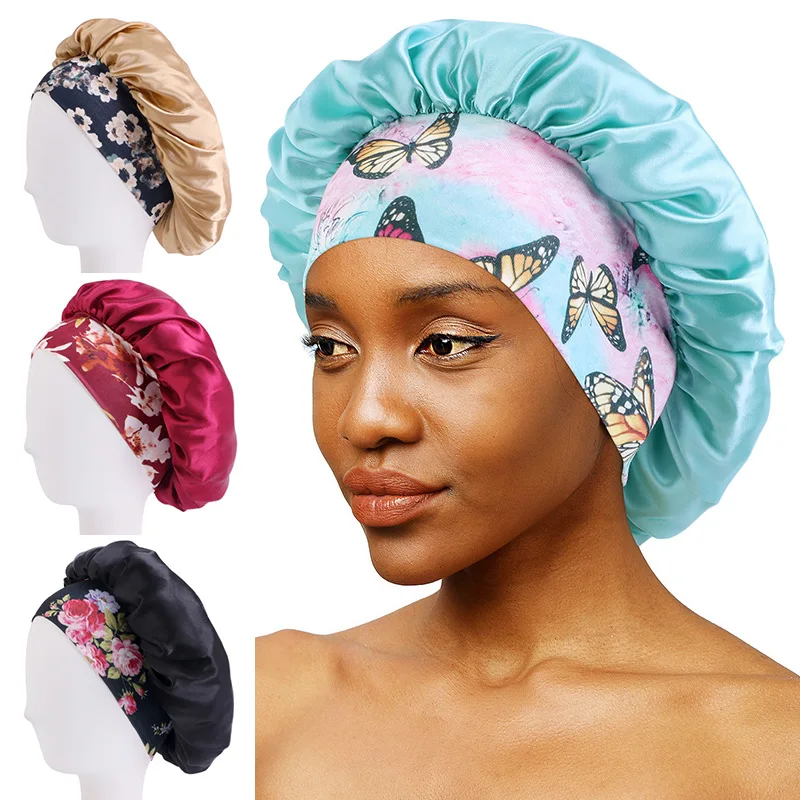 

Women's Satin Bonnet With Floral Print Wide Elastic Band Washing Makeup Cap Night Sleeping Cap Ladies Outdoor Hat Soft Headcover
